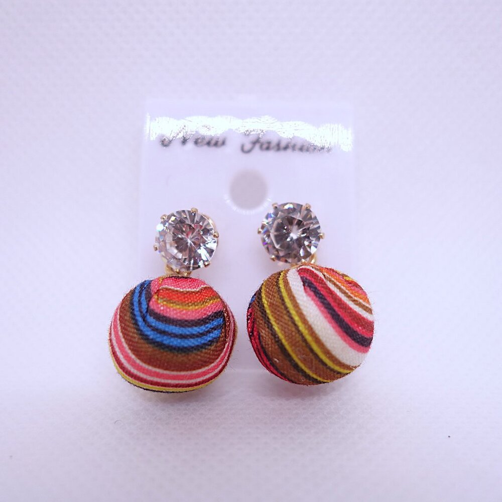 💎4/25💎NOS Vintage Retro 1970s Fabric Ball Crystal Pierced Stud Earrings Set #1